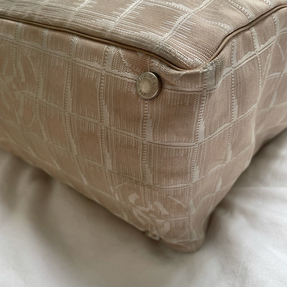 Chanel 💕Travel Tote Fabric Leather Strap Pink Tan Quilted Appearance CC Logo - Picture 2 of 14